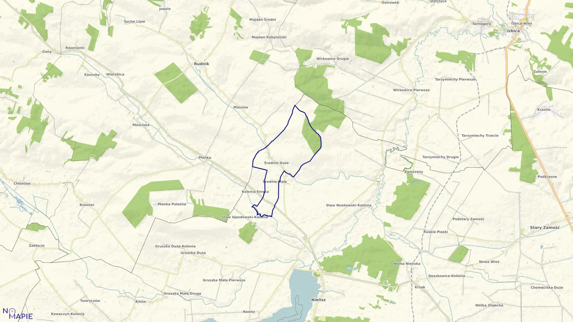 Mapa obrębu Średnie Duże w gminie Nielisz